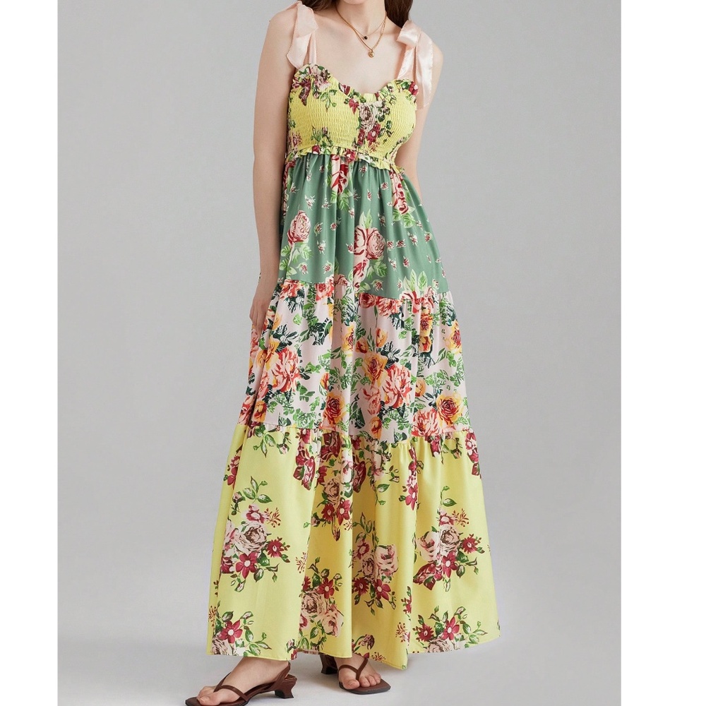 Boho Multicolor Floral Print Shirred Shoulder Tie Ruffle Hem Dress - Picture 2 of 4